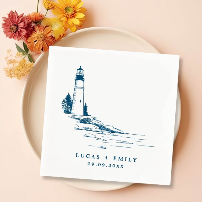 Nautical Seaside Lighthouse Dark Blue Wedding Napkin (Creator Uploaded)