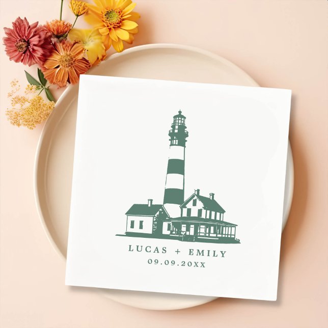 Nautical Seaside Lighthouse Dark Blue Wedding Napkin (Creator Uploaded)