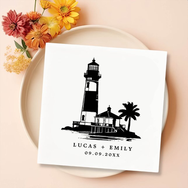 Nautical Seaside Lighthouse Dark Blue Wedding Napkin (Creator Uploaded)