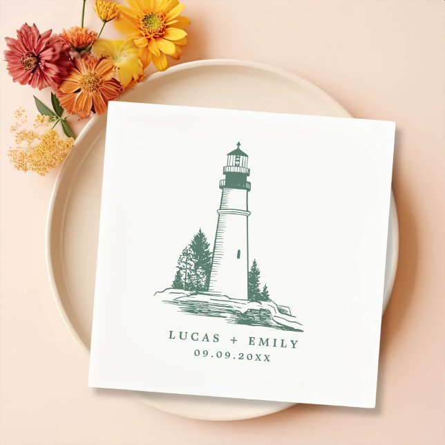 Nautical Seaside Lighthouse Dark Blue Wedding Napkin (Creator Uploaded)