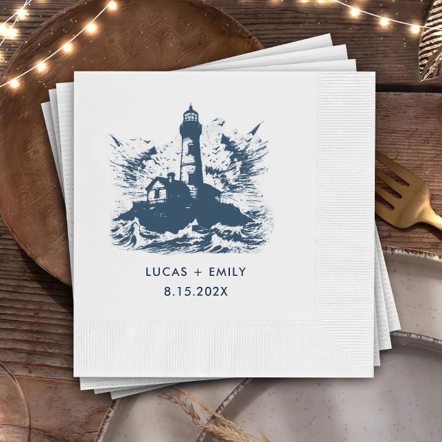 Nautical Seaside Lighthouse Dark Blue Wedding Napkin (Creator Uploaded)