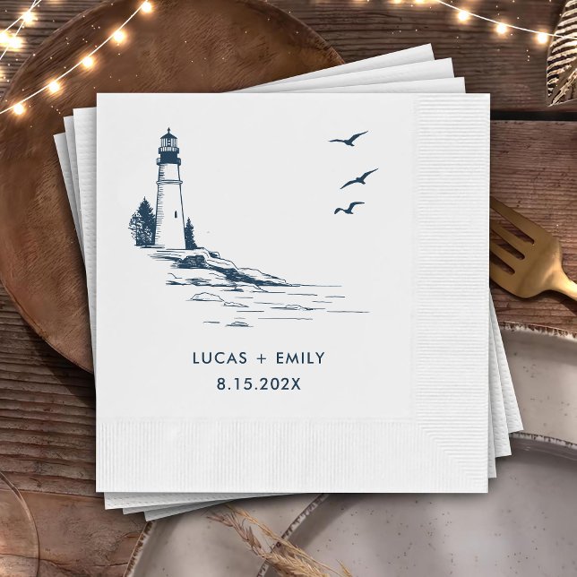Nautical Seaside Lighthouse Dark Blue Wedding Napkin (Creator Uploaded)