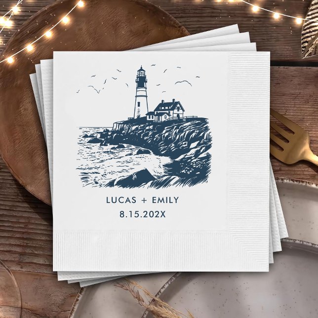Nautical Seaside Lighthouse Dark Blue Wedding Napkin (Creator Uploaded)
