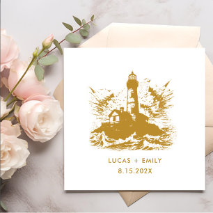 Nautical Seaside Lighthouse Gold Wedding Napkin