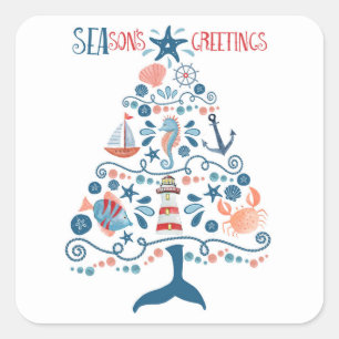 Nautical Seasons Greetings Christmas Tree Square Sticker