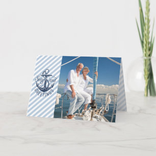 Nautical SEAson's Greetings, Navy Anchor & Stripes Holiday Card