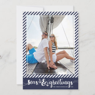 Nautical SEAsons Greetings Navy Stripes Anchors Holiday Card