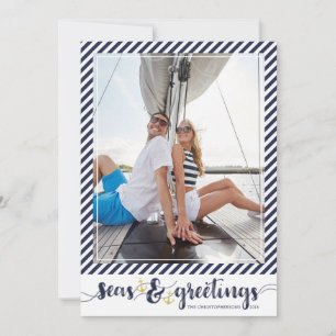 Nautical SEAsons Greetings Stripes Gold Anchors Holiday Card