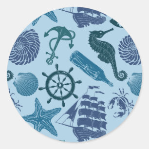 Nautical Shades Of Blue Pattern Classic Round Sticker
