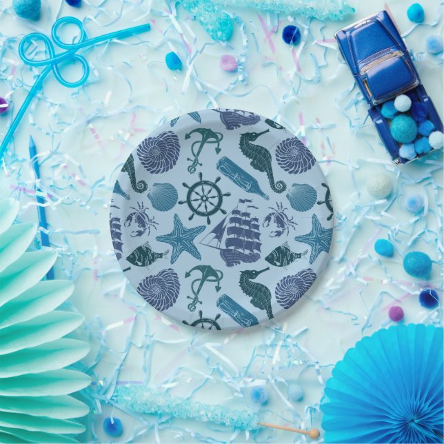 Nautical Shades Of Blue Pattern Paper Plate (Party)