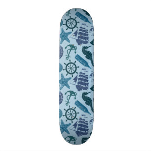 Nautical Shades Of Blue Pattern Skateboard