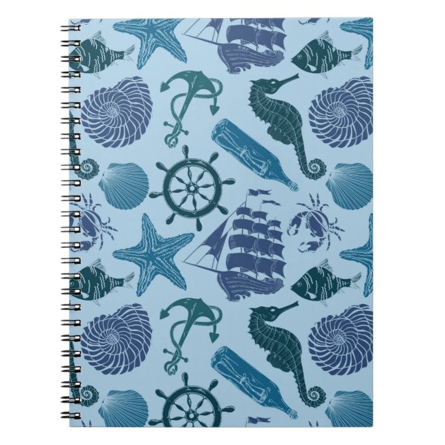 Nautical Shades Of Blue Pattern Spiral Notebook (Front)
