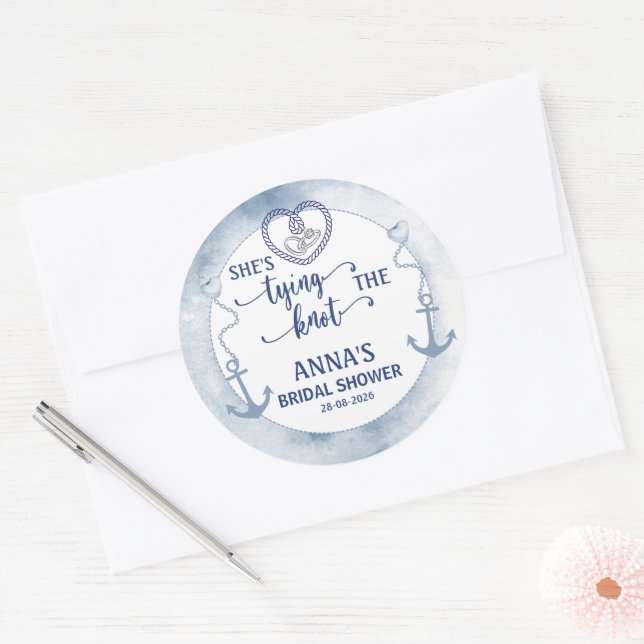 Nautical Shes Tying the Knot Bridal Shower Elegant Classic Round Sticker (Envelope)