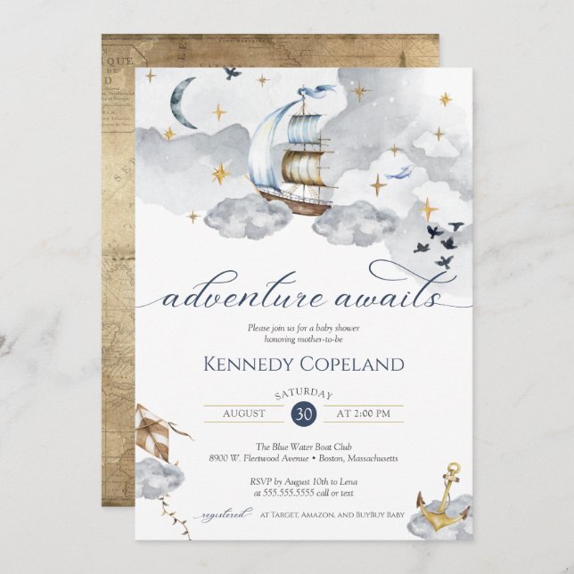 Nautical Ship Adventure Awaits Dreamy Baby Shower Invitation (Front/Back)