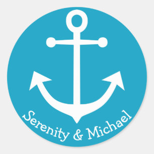 Nautical Ship Anchor Blue Turquoise Wedding Classic Round Sticker