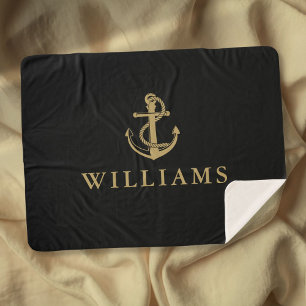 Nautical Ship Anchor Custom Name Black And Gold Sherpa Blanket