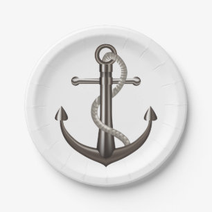 Nautical Ship Anchor Grey Wedding Beach Paper Plate