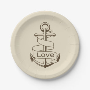 Nautical Ship Anchor Love Tan Wedding Party Paper Plate