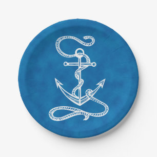Nautical Ship Anchor Navy Blue Watercolor Wedding Paper Plate