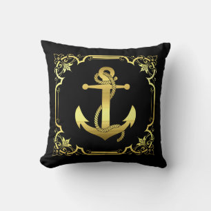 Nautical ship anchor silhouette/gold/black square cushion