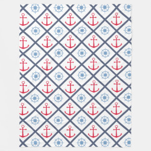 Nautical Ship Anchor & Wheel Navy Blue Red Sailor Fleece Blanket