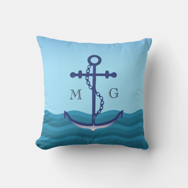 Nautical Ship Anchor with Double Monogram Cushion (Front)