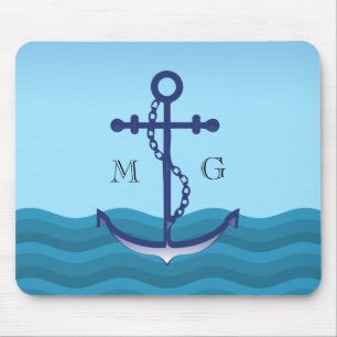 Nautical Ship Anchor with Double Monogram Mouse Pad