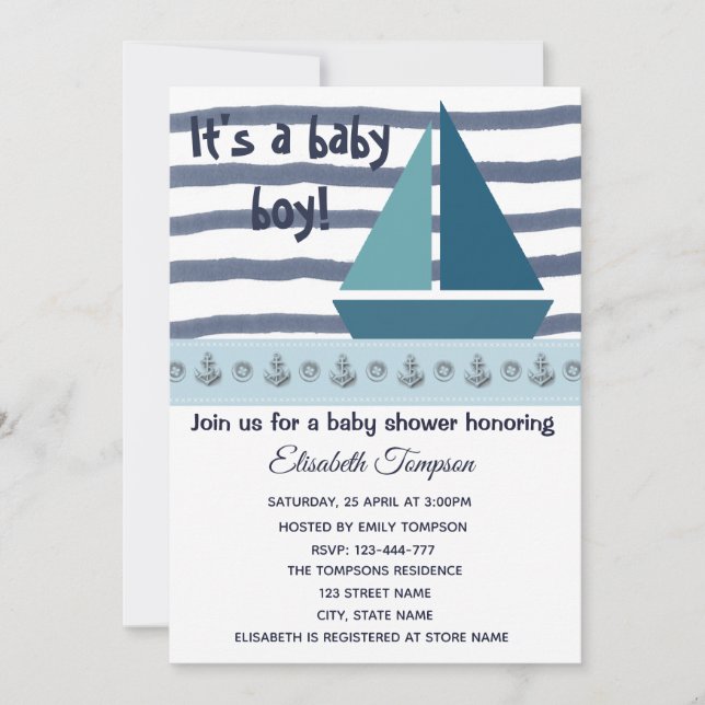 nautical ship and anchors boy baby shower invitation (Front)