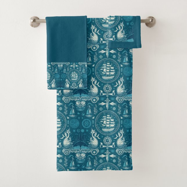 Nautical Ship and Ocean Pattern No2 Bath Towel Set (Insitu)