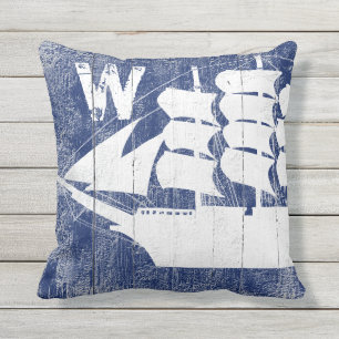 Nautical Ship Blue Beach Wood Monogrammed Cushion