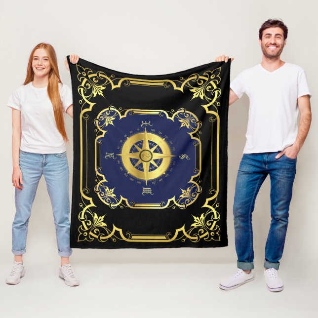 Nautical ship compass gilded black/gold/blue fleece blanket (In Situ)