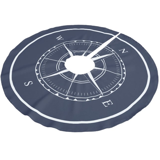 Nautical Ship Compass Hamptons Navy Blue and White Brushed Polyester Tree Skirt (Angled)