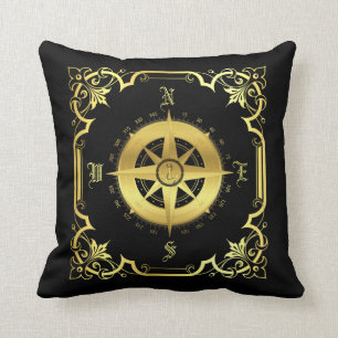 Nautical ship compass silhouette/gold/black cushion