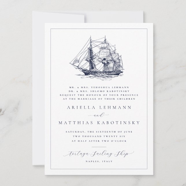 Nautical Ship Double Sided Hebrew Wedding Invitation (Front)