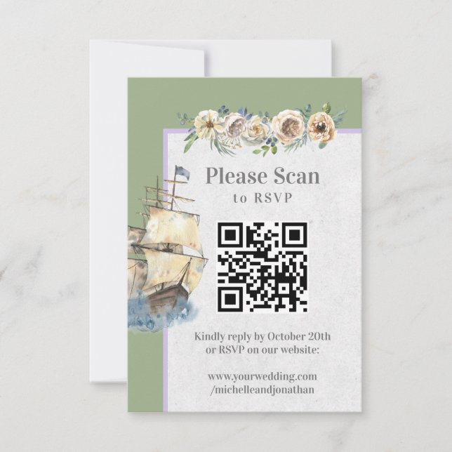 Nautical Ship Floral Wedding Sage Lavender QR Code RSVP Card (Front)