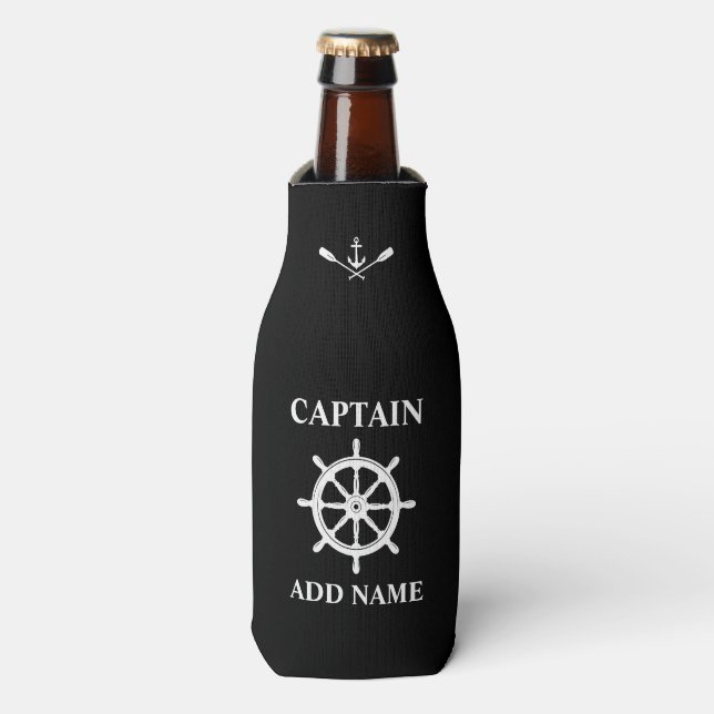 Nautical Ship Helm Anchor Oars Captain Name Black Bottle Cooler (Bottle Front)