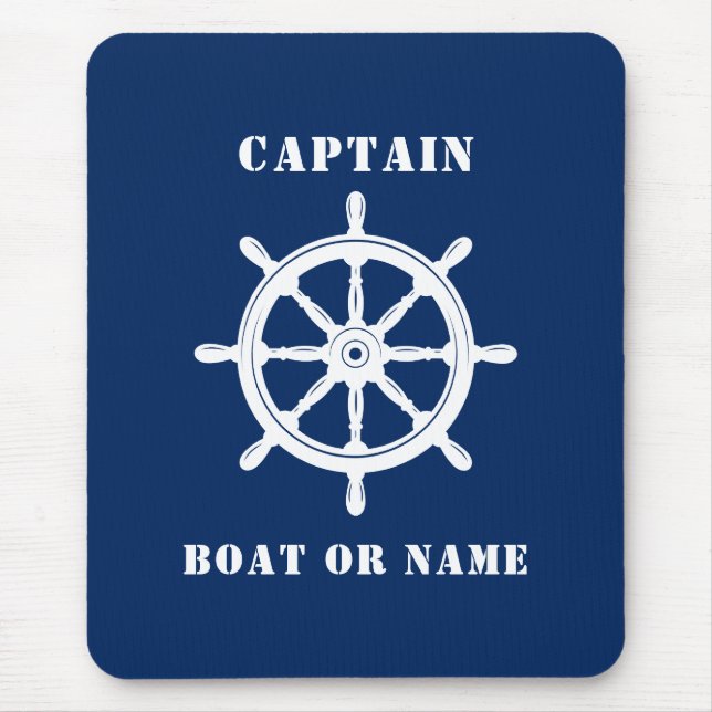 Nautical Ship Helm Captain & Boat or Name Navy Mouse Pad (Front)