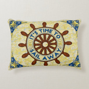 Nautical Ship Helm Wood Wheel Old Map Sail Away Decorative Cushion