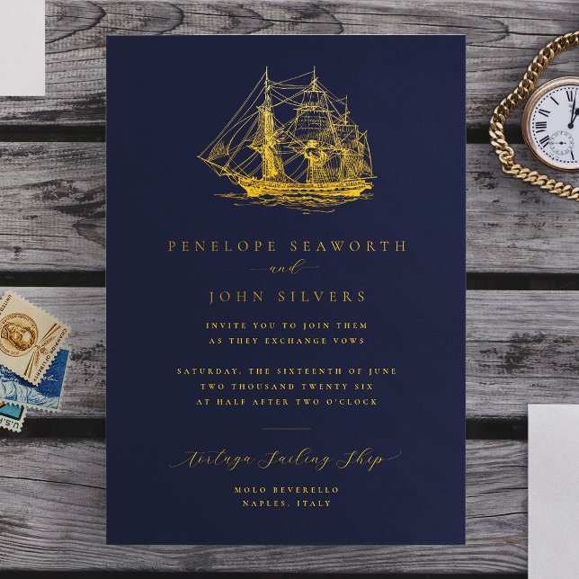 Nautical Ship Illustration Navy Blue Wedding (Nautical Ship Illustration Navy Blue Wedding Foil Invitation)