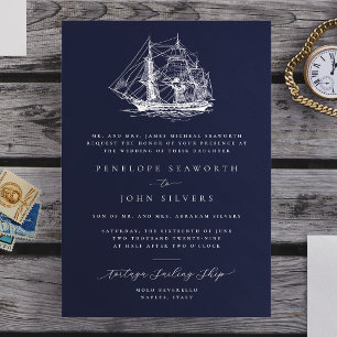 Nautical Ship Illustration Navy Formal Wedding Invitation