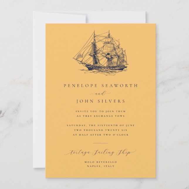 Nautical Ship Illustration Yellow Wedding Invitation (Front)