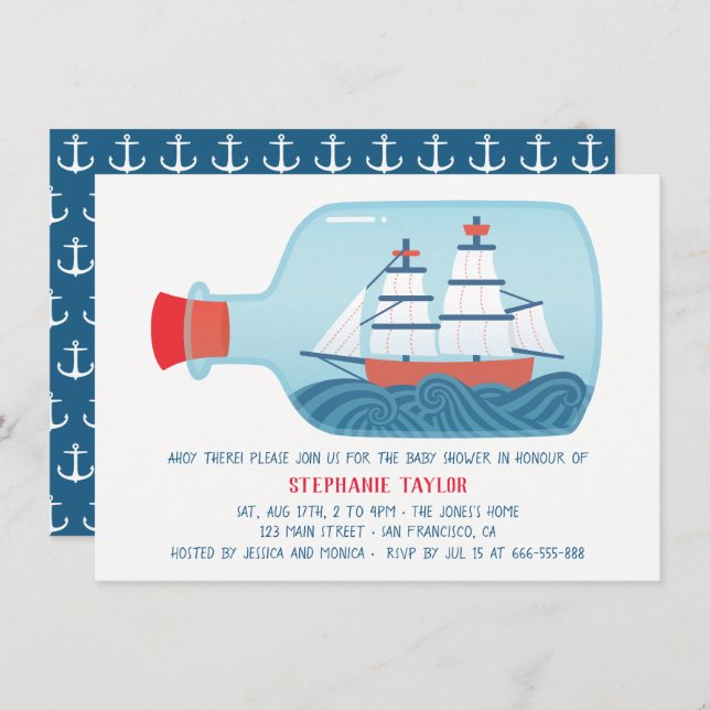 Nautical Ship In A Bottle Baby Shower Invitations (Front/Back)