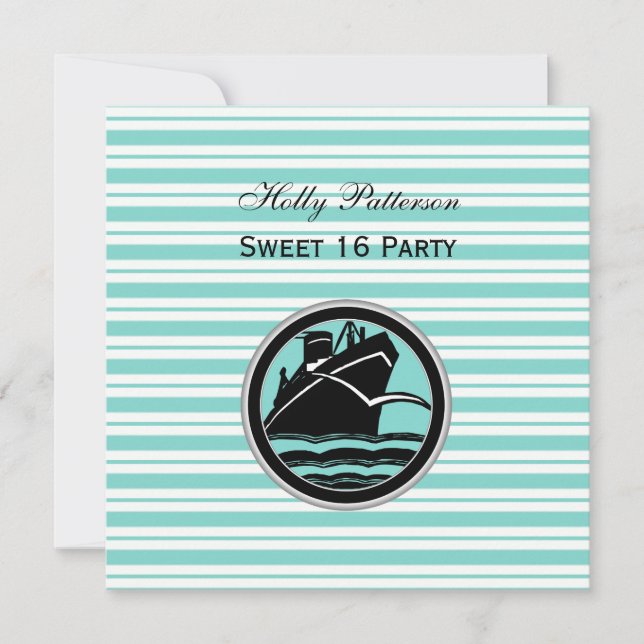Nautical Ship Lt Blue White Stripe #2 SQ Sweet 16 Invitation (Front)