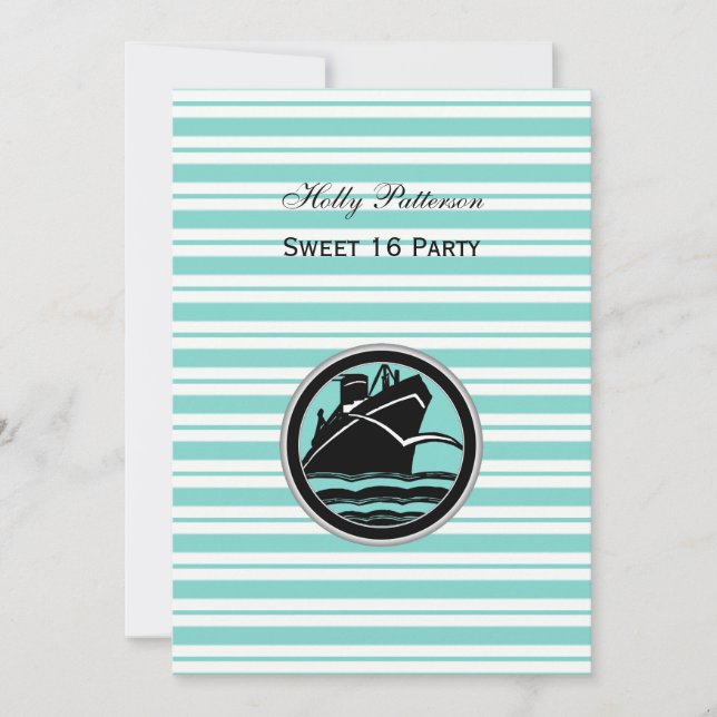 Nautical Ship Lt Blue White Stripe #2 V Sweet 16 Invitation (Front)