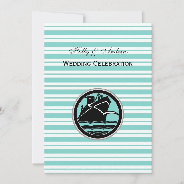 Nautical Ship Lt Blue White Stripe V Wedding Invitation (Front)