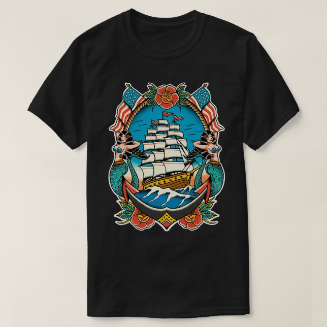 Nautical Ship Mermaid Anchor American Traditional  T-Shirt (Design Front)
