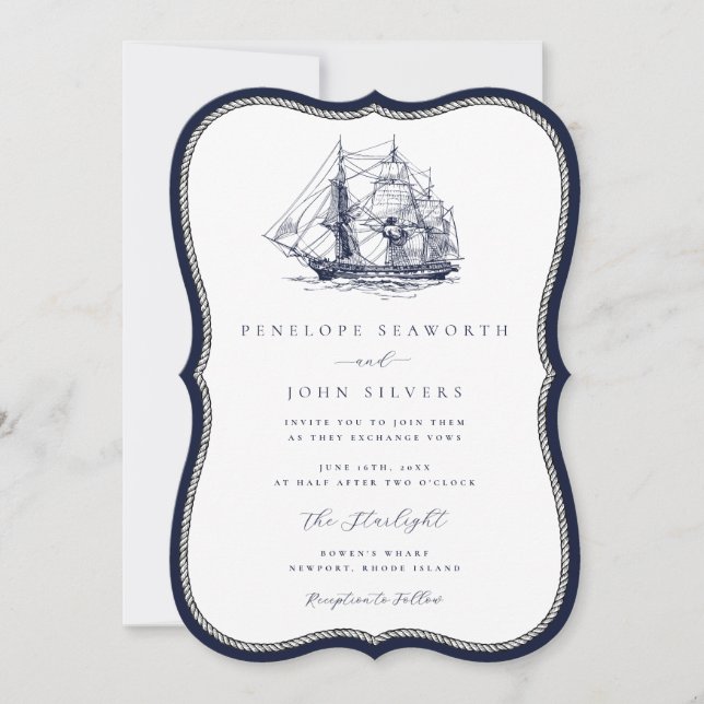 Nautical Ship Navy Rope Frame Bracket Wedding Invitation (Front)