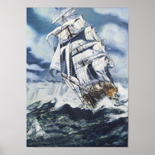Nautical Ship on Ocean Painting Poster