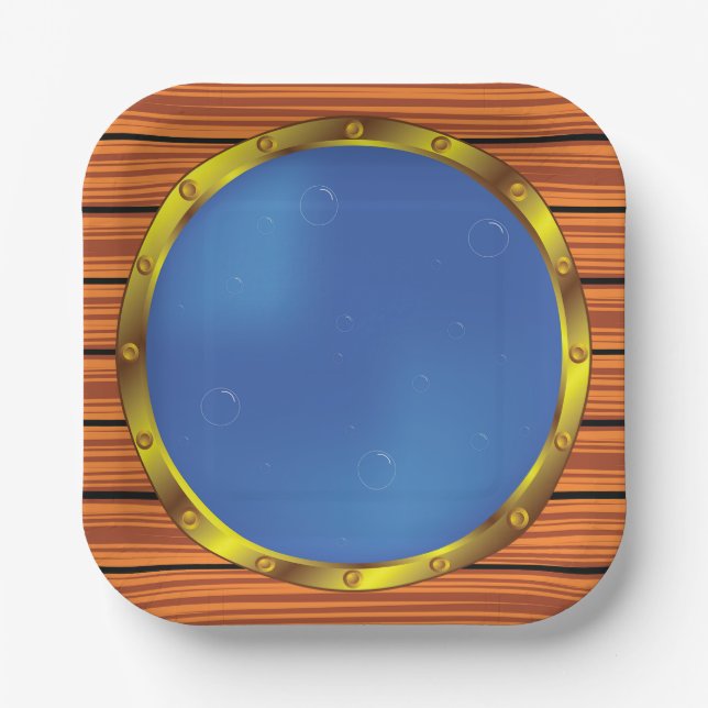 Nautical Ship Porthole Window with Blue Water Paper Plate (Front)