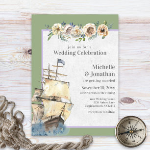 Nautical Ship - Sage and Lavender Floral Wedding Invitation